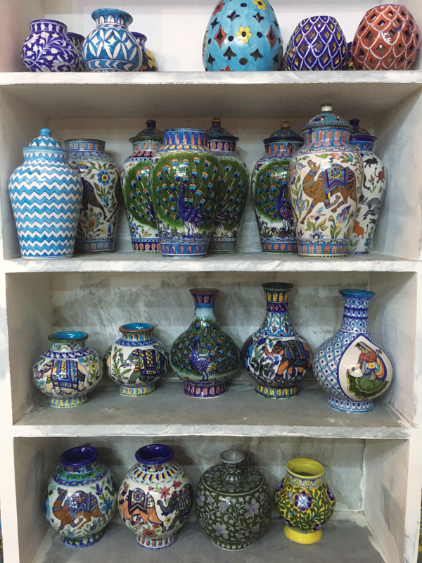 9 Finished wares in the display room, showing common motifs of geometric patterns and animals.