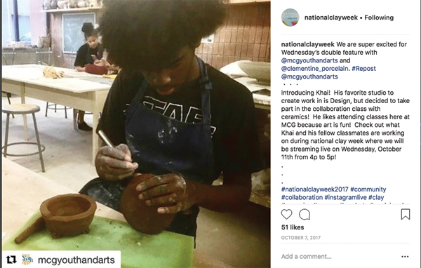 3 A design student at MCG Youth & Arts, Khai, works on a collaborative ceramics project as part of #ncwcollaborations in 2017. 