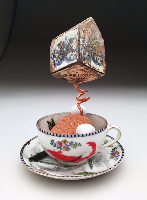 1 Robert Harrison’s Brickhouse Teacup, 7½ in. (19 cm) in height, collected vintage porcelain, handbuilt wood-fired brick clay, 2017.