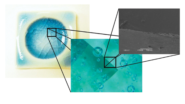 2 Dissection microscope (center) and SEM images (left) of a tile with a crazed glazed surface, showing craze lines and fissures.
