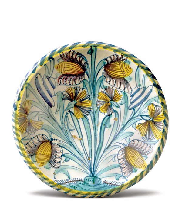 1 Dish portraying tulips, earthenware (Delftware), 1670–90. Bequest of Henry Francis du Pont. 
