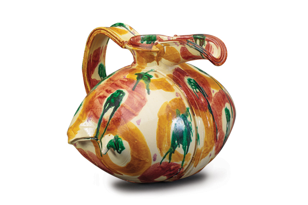 6 Betty Woodman’s Minoan Pillow Pitcher (BW24-80), 18 in. (46 cm) in width, glazed earthenware, 1980. Photo: Jon Bolton.