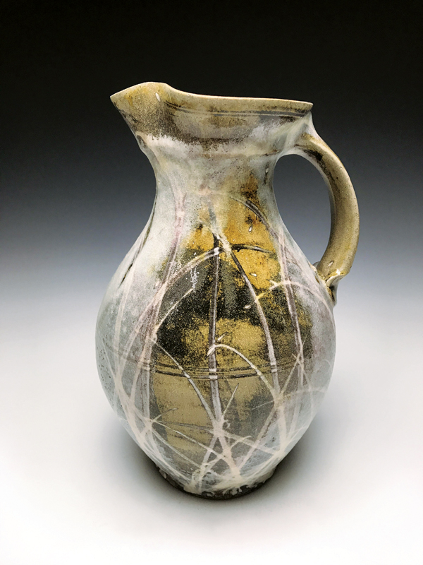 8 Bellied pitcher, 12 in. (30 cm) in height, red stoneware with iron slip, and white slip trailing, nuka glaze, soda fired to cone 11 in a gas kiln, 2018.