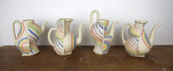 3 Greenware pouring pots, made by collaging and improvising compositions.