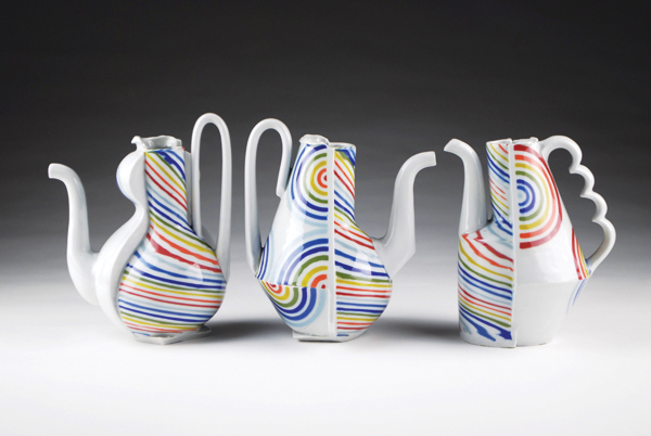 6 Pouring pots, press-molded, wheel-thrown, handbuilt, and slip-cast porcelain, fired to cone 6 in reduction, 2018.