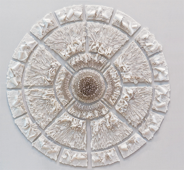 1 Mindy Horn’s Narrative, 36 in. (91 cm) in diameter, porcelain, mounted to painted wood panel, 2018. Photo: John Robson.