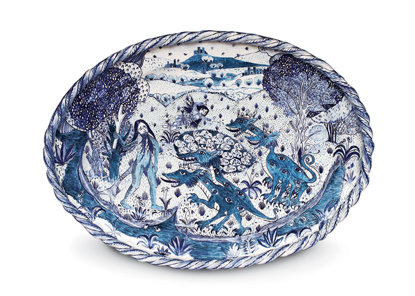 3 Lake of Faces Charger, 24 in. (61 cm) in length, press-molded and handbuilt earthenware, painted tin glaze. 