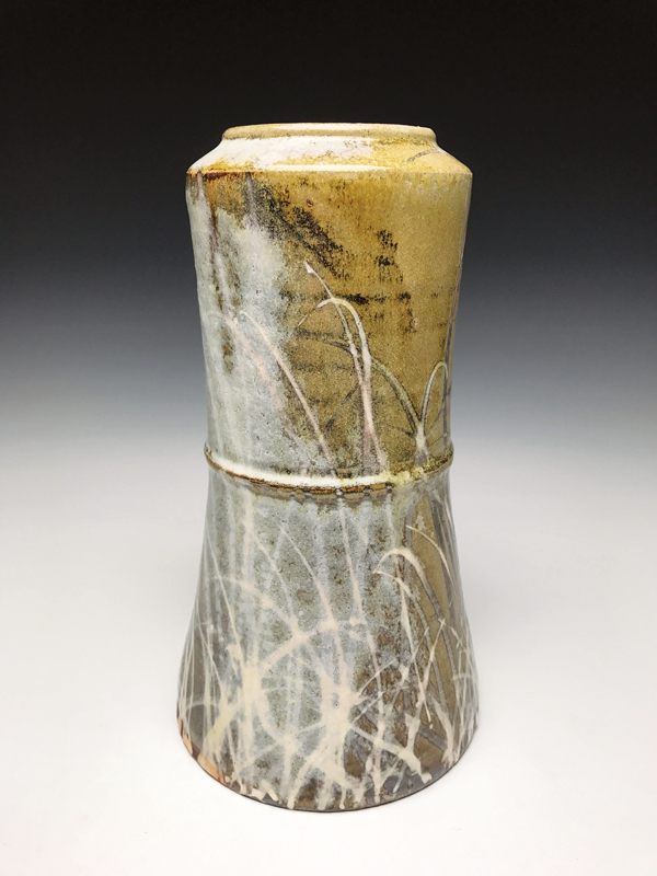 2 Canister vase, 12 in. (30 cm) in height, red stoneware, iron slip, white slip decoration, nuka glaze, soda fired to cone 11 in a gas kiln, 2018.
