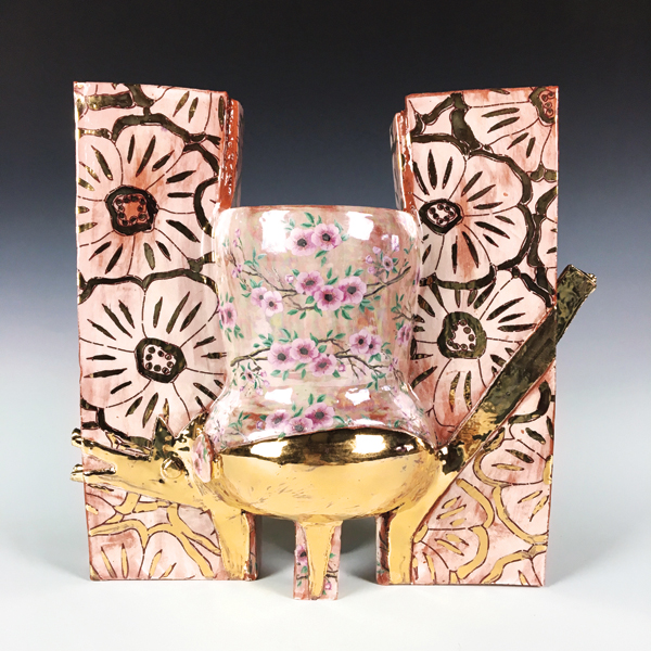 4 Jared Peterson and Jessica Putnam-Phillips’ Gold Dog Vase, 14 in. (36 cm) in height, handbuilt earthenware, slips, glaze, decals, gold luster, fired to cone 04 in oxidation, 2018. Photo: Jessica Putnam-Phillips.