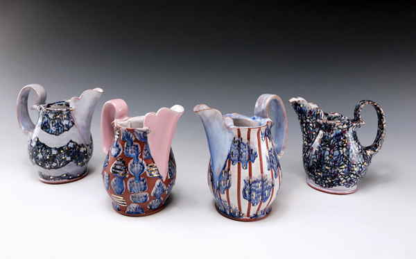 3 Jen Allen and Margaret Haden’s pitchers, 7¼ in. (18 cm) in height, wheel-thrown and altered red stoneware, glaze, gold luster, fired to cone 6 in oxidation, 2018. Photo: Margaret Haden.