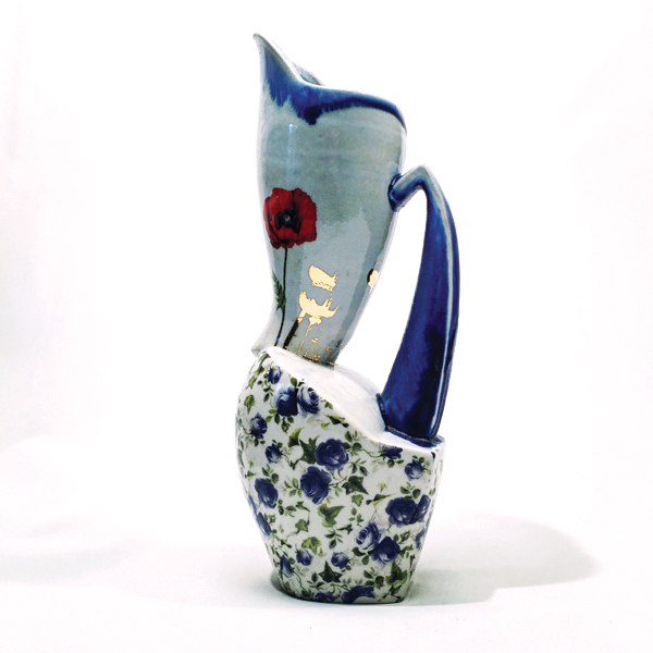 10 Deborah Schwartzkopf and Justin Rothshank’s pitcher, 12 in. (30 cm) in height, wood-fired porcelain, decals, luster, 2018. Photo: Justin Rothshank.