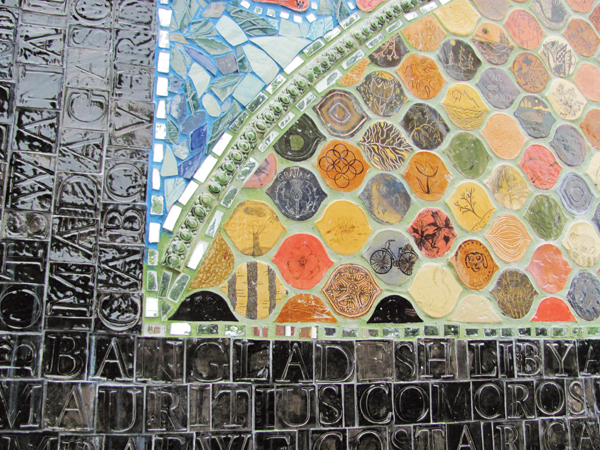2 Lower left corner of Canada 150 Mosaic, 4 ft. (1.2 m) in width, white cone-6 stoneware, custom glazes, 2017. Created by Susan Day and Beth Turnbull Morrish. 