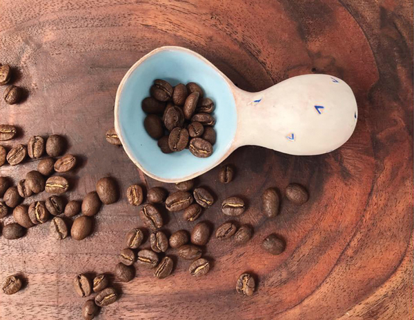 2 Blue Babe Coffee Scoop, 3 in. (8 cm) in length, mid-range stoneware, terra sigillata, AMACO underglazes, washes, fired to cone 5 in oxidation, 2018.