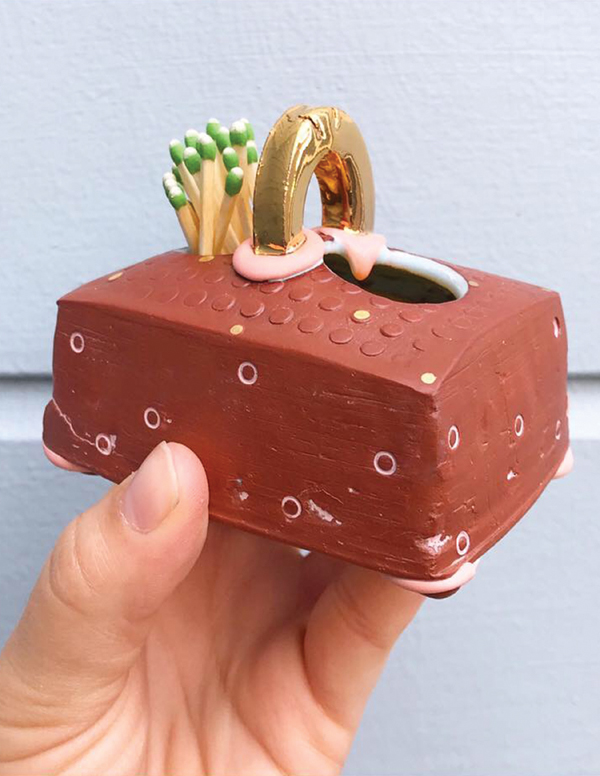 4 You’ve Got a Match! 3½ in. (9 cm) in length, mid-range stoneware, terra sigillata, AMACO underglazes, washes, fired to cone 5 in oxidation, luster, 2018. 