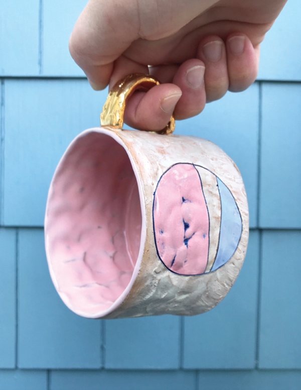  3 Blue n’ Pinky Babe Muggy, 4½ in. (11 cm) in diameter, mid-range stoneware, terra sigillata, AMACO underglazes, washes, fired to cone 5 in oxidation, luster, 2018.