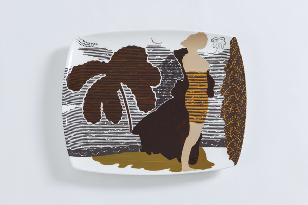 2 Charlotte Hodes’ Dressed in Pattern; Linear Landscape, 13¾ in. (35 cm) in length, hand-cut enamel transfer on china, 2016. Photo: Peter Abrahams. 