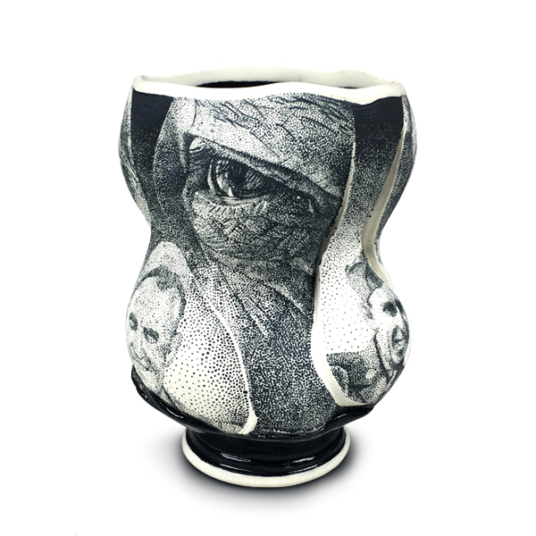 8 Eric Botbyl and Juan Barroso’s Patriarchs, 5 in. (13 cm) in height, wheel-thrown and altered porcelain, AMACO underglaze, 2018. Photo: Juan Barroso.