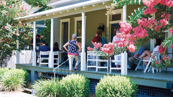 2 Plough Gallery front porch, during one of the events in the Artist On The Porch—Continuing Series, which featured an artist demo by wood turner Dave Richard, 2018. Photo: Glenn Josey.