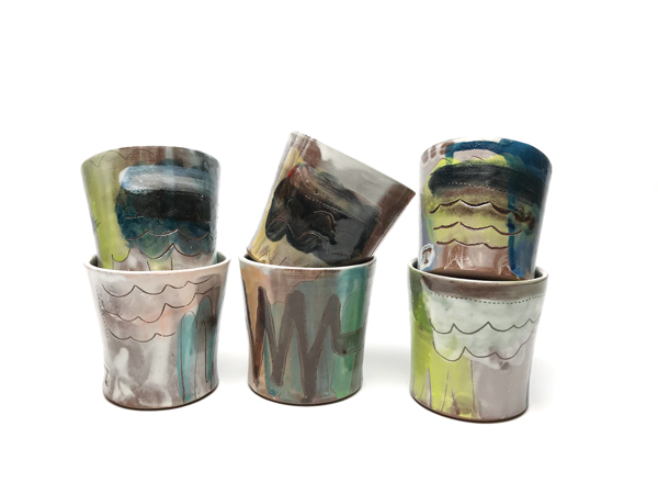 1 Sara Truman’s whiskey sippers, wheel-thrown Highwater Clays’ Earthen Red clay, slip, underglaze, glaze, fired to cone 5, 2018.