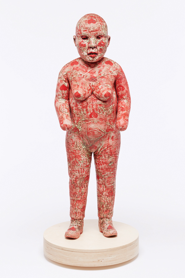 5 Red Figure Afflicted with Hearts (After Kouros), ceramic, wood, 2016. Photo: Peter Lee.