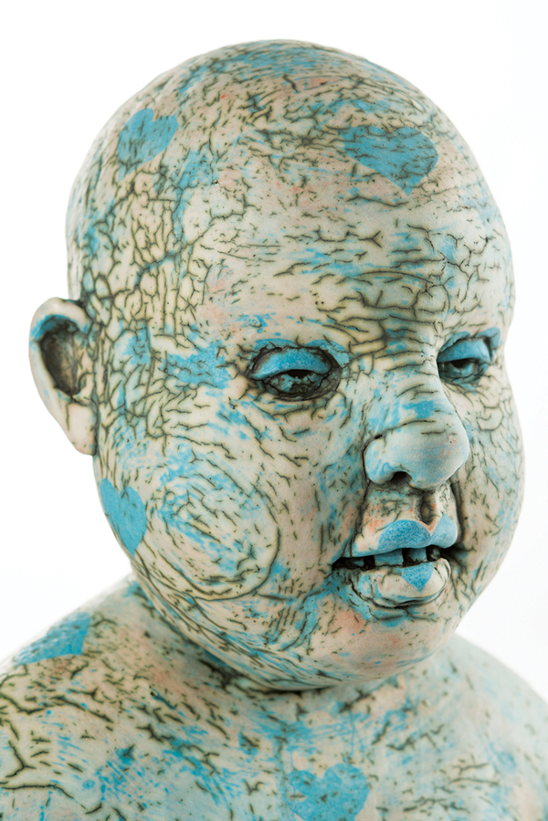 4 Blue Figure Afflicted with Hearts (After Kouros), ceramic, wood, 2016. Photo: Ben Siegel.