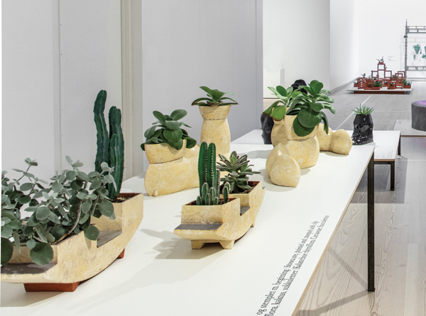 2 Vibeke Krog’s untitled, to 17¾ in. (45 cm) in length, red stoneware, painted and stamped with slip, clanchoe, thyrsiflora, 2017–18.