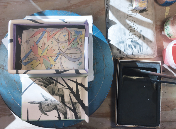 10 Color the drawings with various underglazes mixed with clear glaze, and a blue Japanese underglaze called gosu.