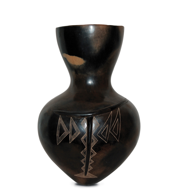 9 Mottled pot, coil built, burnished, fired in an electric kiln, applied decoration, saggar-fire blackening, and etched surface treatments, 2007.