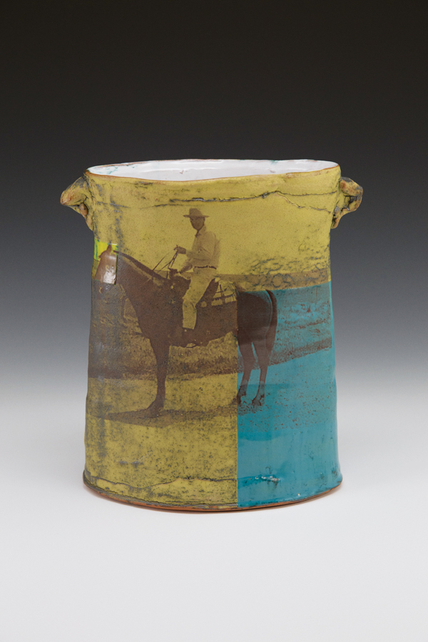1 Shane Christensen’s Wilder Hatch, 12 in. (30 cm) in height, wheel-thrown and altered terra cotta, engobe, low-fire glaze, vintage decal image, multiple firings from cone 1–cone 010, patina, 2017. 