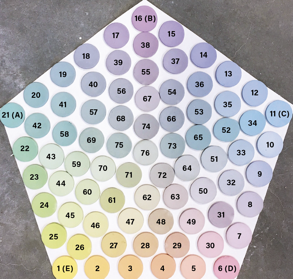 8 Pentaxial blend of colored clay tiles, 20 in. (51 cm) in height, stained porcelain casting slip, 2018.
