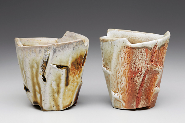 1 Cups, 4 in. (10 cm) in height, wood-fired porcelaneous stoneware, thick shino slip, 2017.