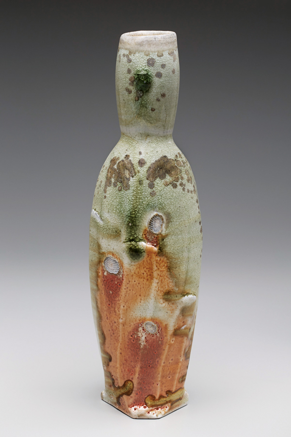 7 Faceted bottle, 12 in. (30 cm) in height, wood-fired porcelaneous stoneware, thick shino slip, 2017.