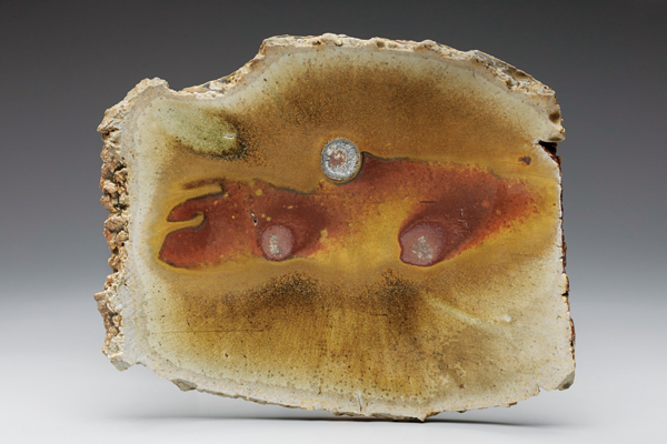  5 Torn plate, 10 in. (25 cm) in length, wood-fired porcelaneous stoneware, local clay slip, 2017.