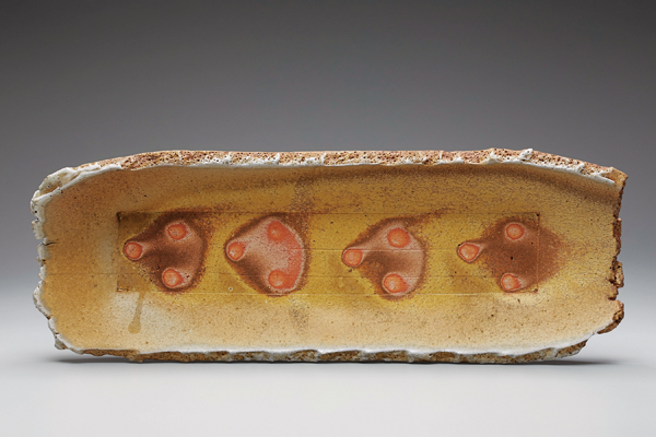 2 Torn tray, 24 in. (61 cm) in length, wood-fired porcelaneous stoneware, various slips, 2017. 