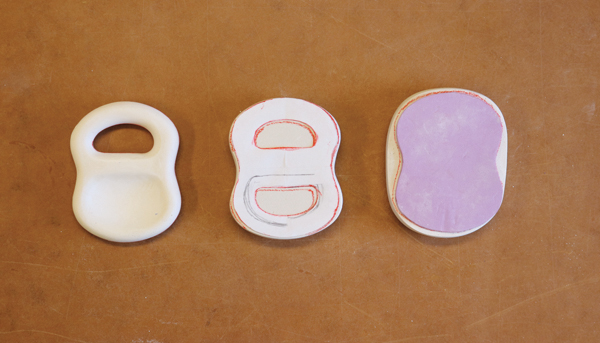 2 Process of carving a test-tile prototype, from start to finish: After the template for the shape of the test tile is drawn onto the form (right) and the outer contour is refined, a template is used to mark the interior opening and shallow indentation (center). These areas are shaped using loop tools and carving tools (left).