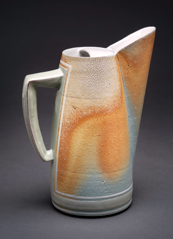 1 Blue pitcher, 10½ in. (27 cm) in height, porcelain, soda fired to cone 11, 2018. Photo: Robert Batey.