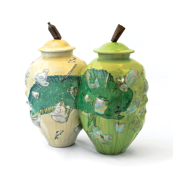 2 Consumer Confusion, 17 in. (43 cm) in height, stoneware, china paint, luster, ceramic decals, 2018.