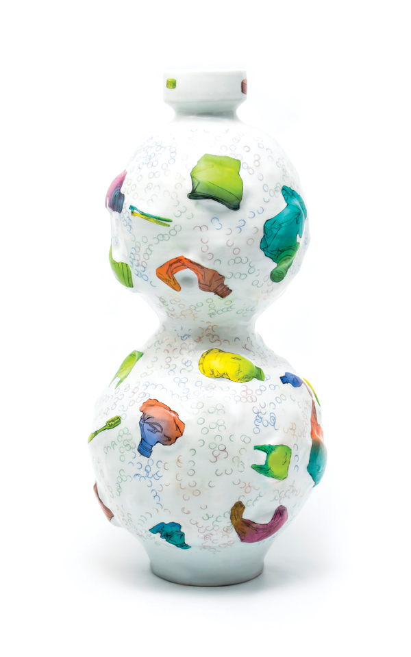 1 Garbage Gourd, 21 in. (53 cm) in height, porcelain, china paint, ceramic decals, 2018.