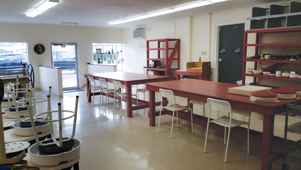 3 The Bareclay studio, showing wheels, work tables, and storage shelves. 