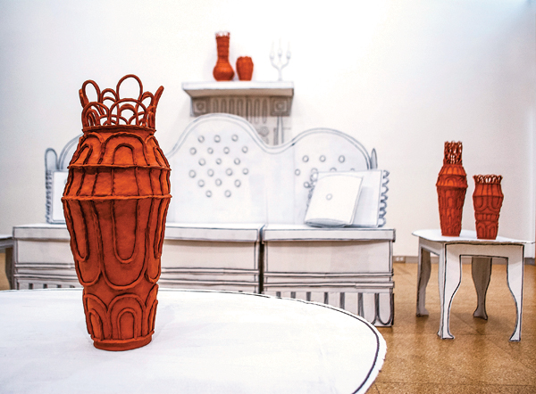 2 Living Room, 26 ft. (7.9 m) in width, earthenware, fired to cone 02 in oxidation, cardboard, paint, 2018. 