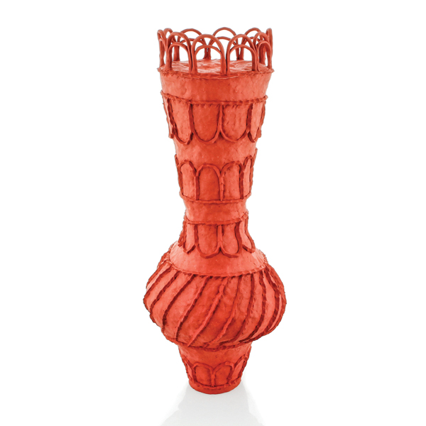 1 Double Loop Vessel, 22 in. (56 cm) in height, earthenware, fired to cone 02 in oxidation, 2018. 