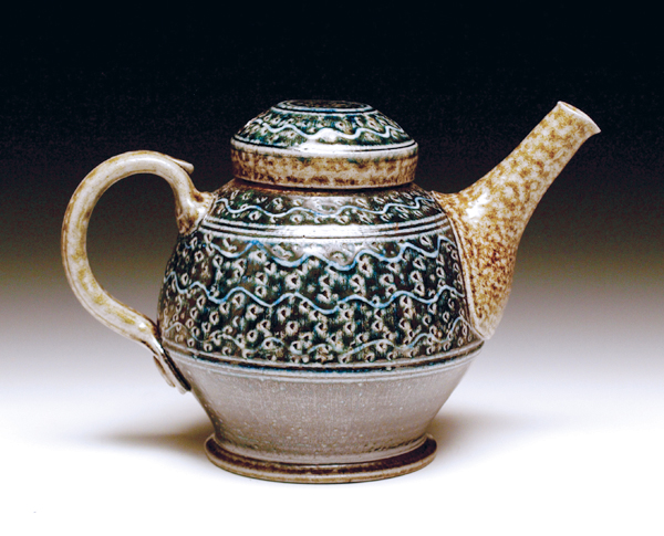 3 Teapot, 9 in. (23 cm) in width, wood-fired and salt-glazed ceramic, brushed and trailed slip, chattered, 2019. 