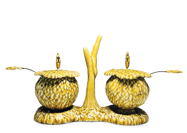 4 Sooyeon Kim’s Fruitfulness, 6 in. (15 cm) in height, porcelain, fired to cone 6, gold..