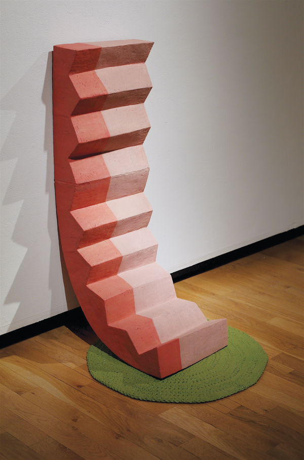 2 Internal Stair, 3 ft. 9 in. (1.2 m) in height, ceramic, crocheted yarn, latex paint, fired to cone 3 in oxidation, 2018. Photos: Clara DeWeese.