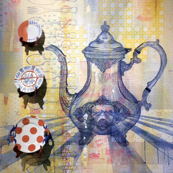 2 High Cotton, 4 ft. (1.2 m) in height, earthenware, fired to cone 04 in oxidation, found objects, acrylic, mixed media on panel, 2017.