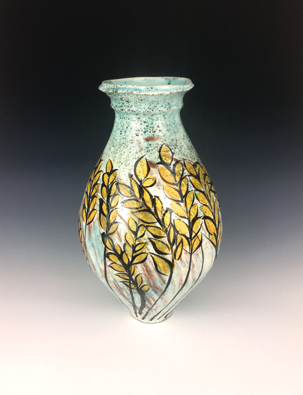 1 Large vase, 15 in. (38 cm) in height, earthenware, slip, Mason stain, underglaze, glaze, fired to cone 03 in an electric kiln, 2018. 