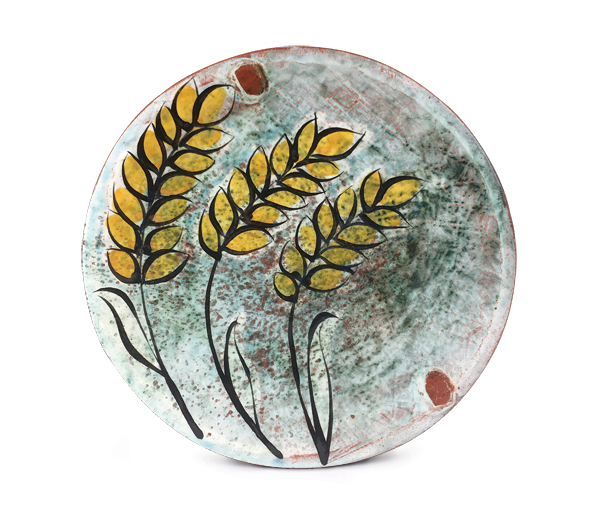 2 Plate, 10 in. (25 cm) in diameter, earthenware, slip, Mason stain, underglaze, glaze, fired to cone 03 in an electric kiln, 2018. 