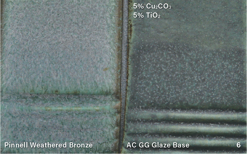 6 Left: Pinnell Weathered Bronze. Right: AC GG glaze base + copper carbonate (Cu2CO3). and TiO2.