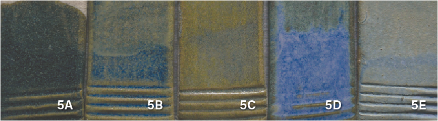 5A–C AC CMB15 glaze base + 2% CoCO3 (constant) and increments of + 3% TiO2, + 5% TiO2, + 10% TiO2, respectively. 5D Tony Hansen 20×5 glaze base + 1% CoCO3 + 5% TiO2. 5E AC GG glaze base + 1% CoCO3 + 10% TiO2.