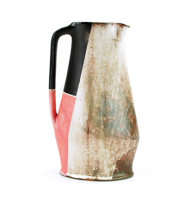 3 Tom Jaszczak’s oval pitcher, 12 in. (30 cm) in height, wheel-thrown and altered red earthenware, slip, underglaze, soda fired to cone 2, 2018.